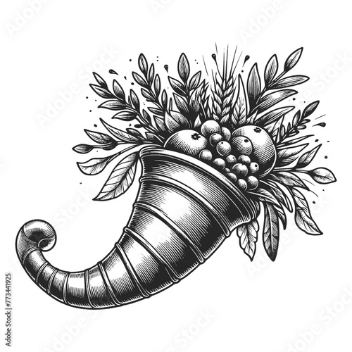 cornucopia, or horn of plenty, abundant harvest of fruits leaves, symbolic of prosperity and bounty sketch engraving generative ai vector illustration. Scratch board imitation. Black and white image.