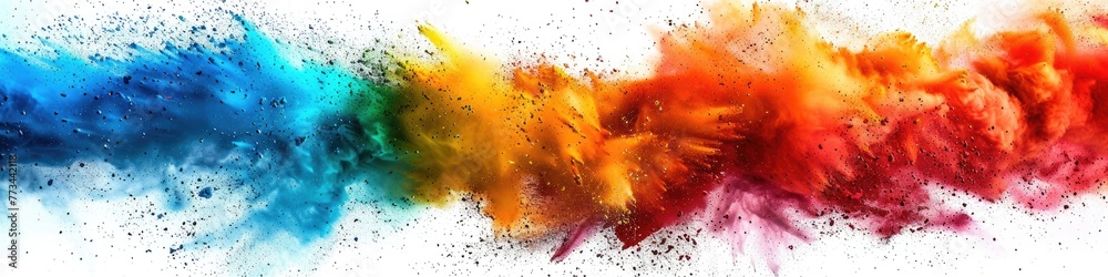 Color Paint Explosion: Colorful Rainbow Holi Powder Splash on Isolated White Background