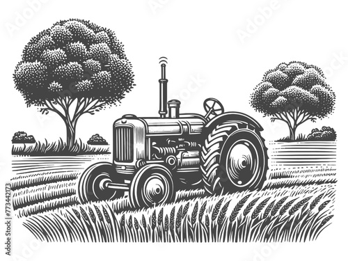  vintage tractor on a farm field, under a stylized sun, rustic nostalgia sketch engraving generative ai fictional character vector illustration. Scratch board imitation. Black and white image.