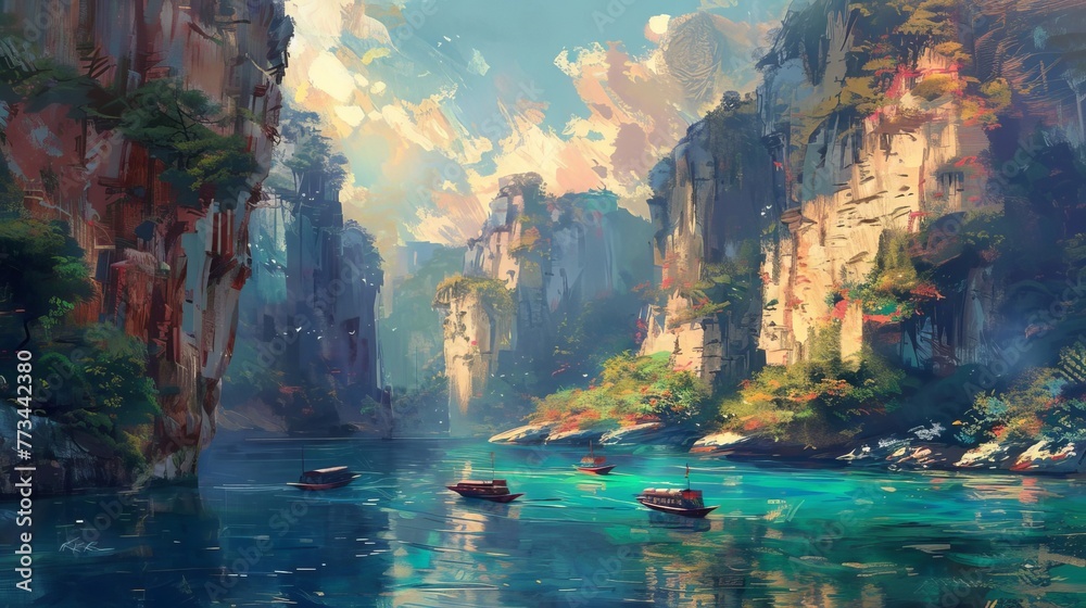 Scenic river landscape with boats, majestic cliffs and mountains in the background, digital painting Scenic river landscape with boats, majestic cliffs and mountains in the background, digital painting