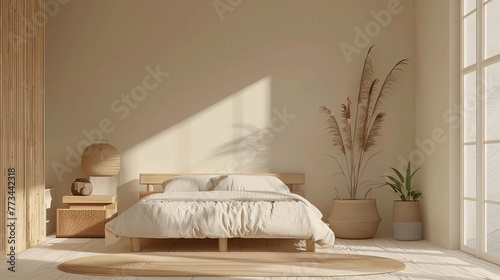 Scandinavian style bedroom mockup with natural wood furniture and beige color scheme, interior design illustration
