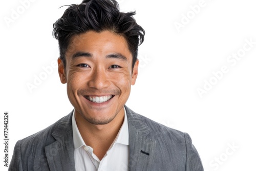 Person Isolated On White. Closeup Portrait of Happy Asian Man with Cheerful Attitude