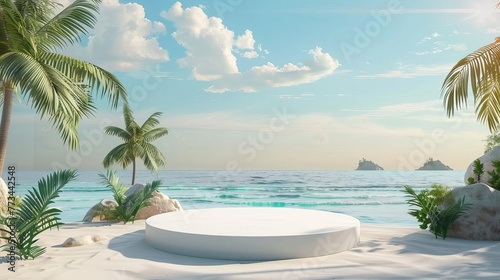 Serene Beach Scene with Podium Display  Summer Product Showcase  3D Illustration