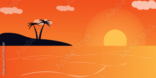 Sunset, sea beach and sun, ocean sunrise, palms