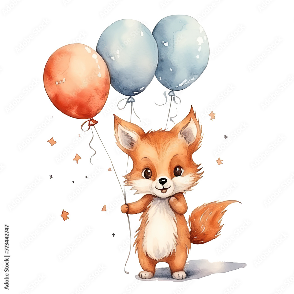 Obraz premium Little Fox Holding Balloons