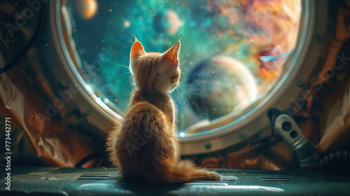 a cat watching cosmonaut discovery of new worlds through a spaceship window, gateway to another universe.space, cosmonaut and galaxy for poster, banner or background , future, science fiction  photo