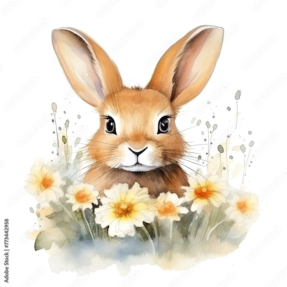 Rabbit Surrounded by Daisies Watercolor Painting