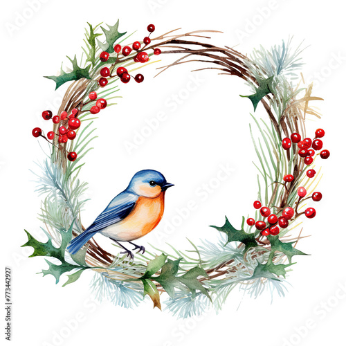 Blue Bird Perched on Christmas Wreath © yganko