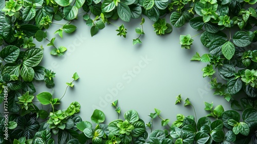 A digital creation of a picture frame made with elegant arrangements of leafy greens  against a white backdrop  emphasizing the vibrant shades of green in a sleek  minimalist design.