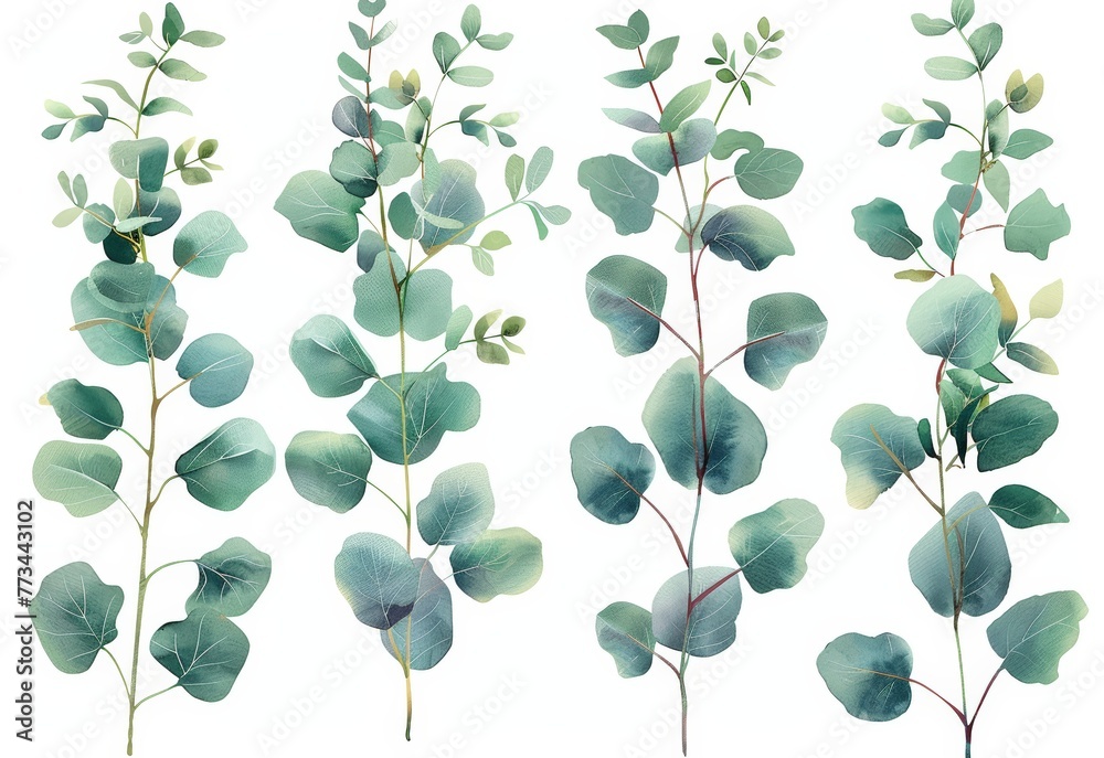 A bunch of green leaves scattered on a plain white background