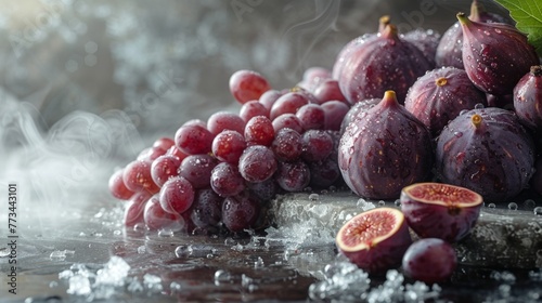 A digital image displaying just a few steaming figs and grapes in the top left, set against a vast white canvas. The choice to occupy minimal visual space with photo