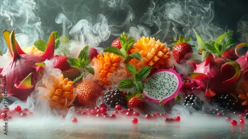 A digital portrayal featuring a minimal grouping of steaming exotic fruits like dragon fruit and starfruit at the bottom center, against a white backdrop. 