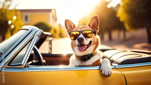 Happy funny dog in sunglasses looking out car window on summer. traveling with pets and road trip concept © Yekatseryna