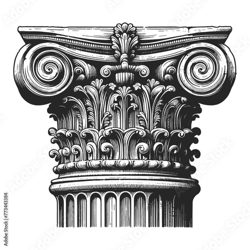 Ionic Roman Greek column capital intricate acanthus leaves and scroll volutes, in engraving style sketch engraving generative ai vector illustration. Scratch board imitation. Black and white image.