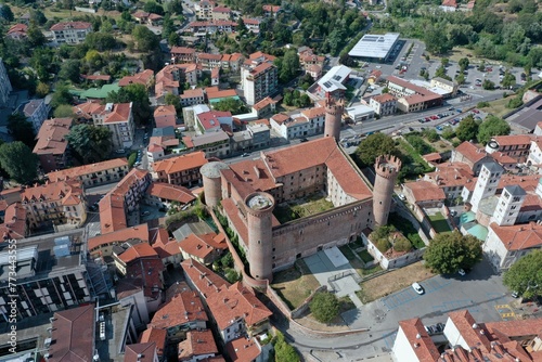 aerial view of the center of the city of Ivrea with The Castle of Ivrea also known as "Castle of the Red Towers" in the center. Ivrea, Turin, Italy