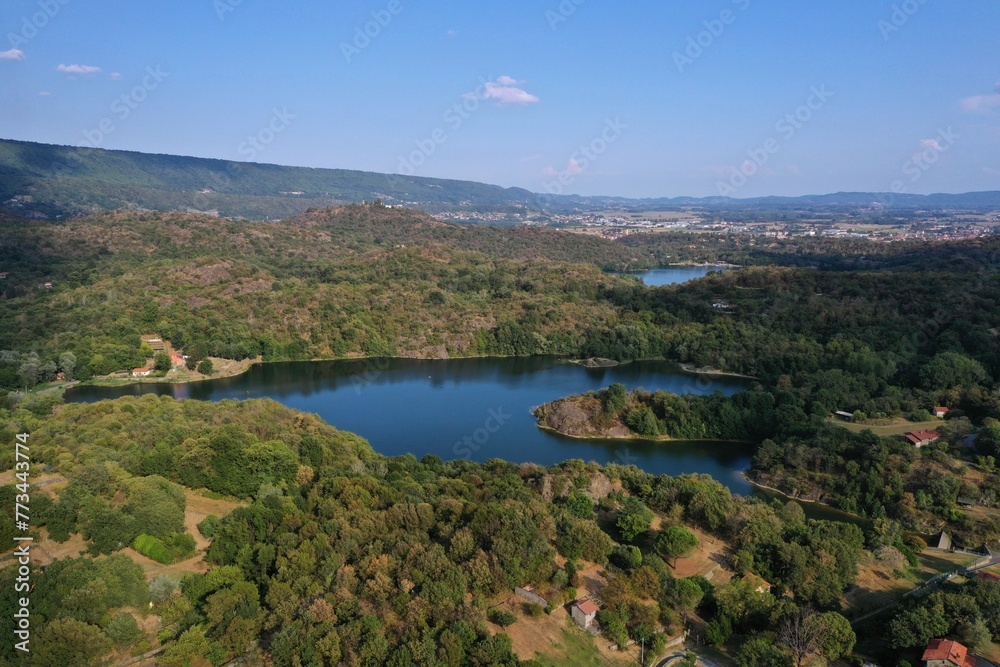 Aerial view of the Pistono Lake, in the morainic amphitheater of Ivrea. Montalto Dora, Torino, Italy