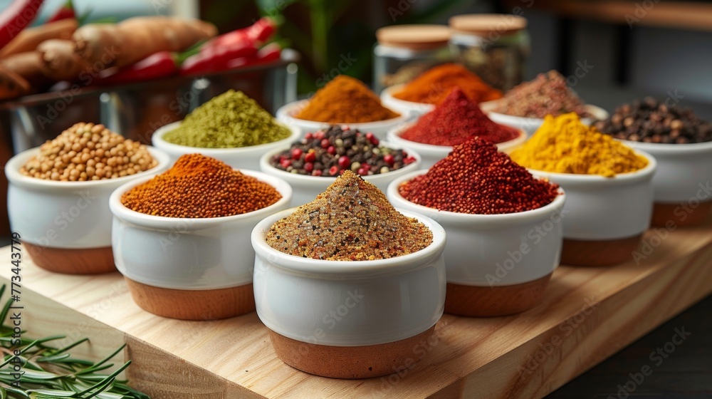 A minimalist kitchen displaying an array of exotic spices on a white countertop, beside a calm, neutral-toned area ready to be filled with spice blend recipes or stories.
