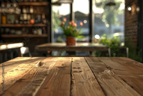 Wooden board empty table in front of blurred background. Brown wood over blur in restaurant - can be used for display or montage your products. Mock up for display of product. High quality photo