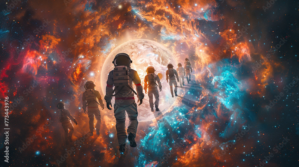 space galaxy concept, team of astronauts walking in space galaxy background illustration space galaxy concept, team of astronauts walking in space galaxy background illustration