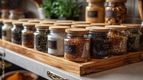 A set of ceramic spice containers on a white kitchen shelf, each labeled with care, offers both aesthetic appeal and functional storage for spices.