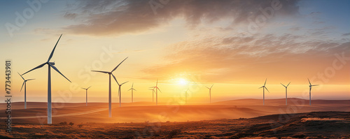 Wind farm or turbines at sunset backlight.