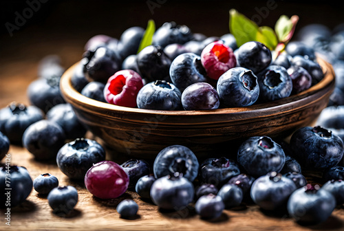 Create a close-up, high-definition image of a bunch of ripe blueberries, capturing their vibrant blue hue and dewy texture against a dark background. 
