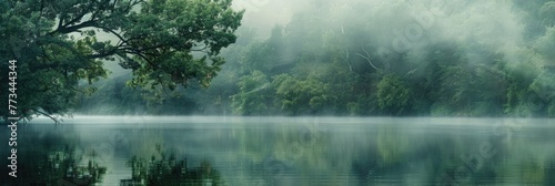 Lake Water. Tranquil Morning Landscape with Forest and Fog at the Lake