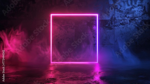 Light Graphic. Rectangle Square Picture Frame with Neon Motion Graphics on Black Background © AIGen
