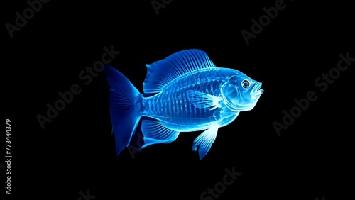 a glowing blue fish swims on a dark background