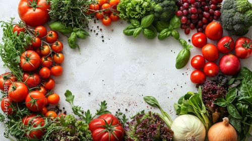 A vibrant array of fresh vegetables artfully arranged on a pure white background, with a clear, empty space on a wooden table nearby, ready for jotting down seasonal salad