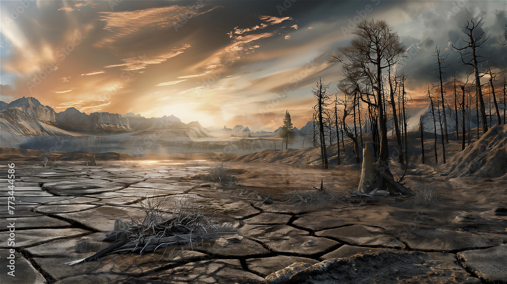 An apocalyptic landscape depicting ongoing drought and climate change.