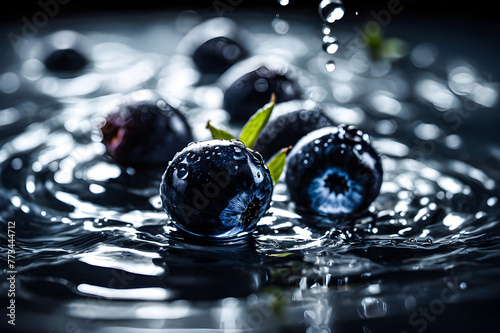 Freeze-frame a moment of a single blueberry plunging into a pool of water, capturing the ripples and droplets in exquisite detail.
 photo
