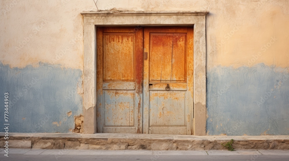 The dilapidated wall of the building and the wooden door require major repairs. Facade of a house with damaged plaster. Photophone for retro shooting. Illustration for cover, card, interior design.