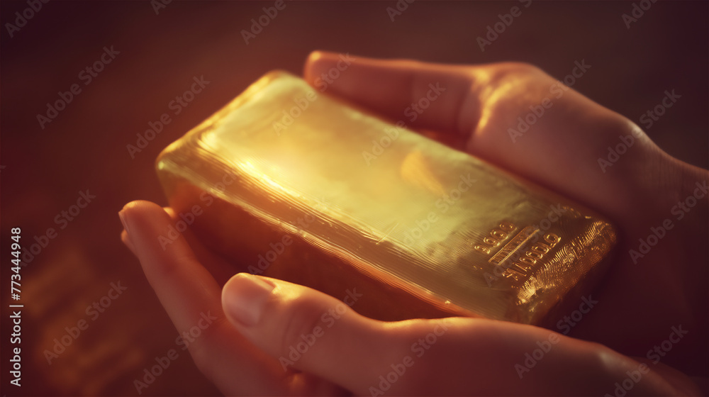 Big gold bar in hands.