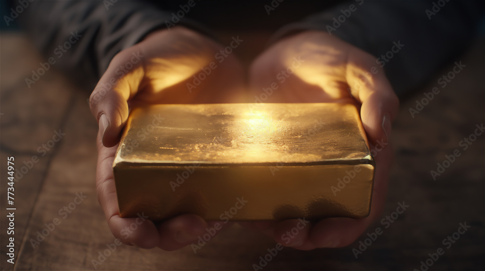 Big gold bar in hands.