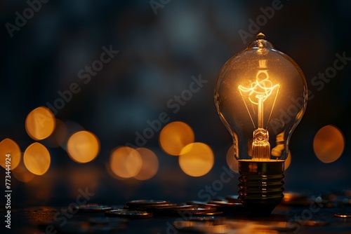 light bulb and coins on a dark background