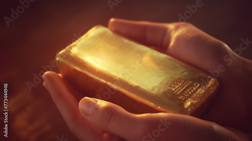Obraz na płótnie Big gold bar in hands. w salonie