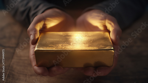 Obraz na płótnie Big gold bar in hands. w salonie