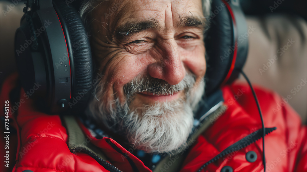 Mature handsome man is listening music in big headphones.