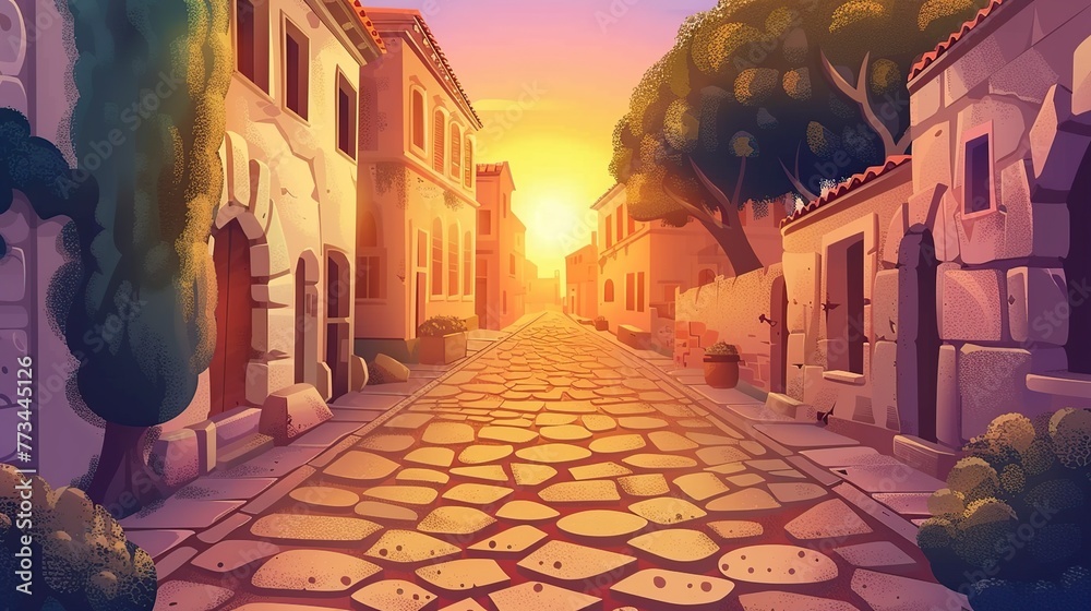 Fototapeta premium illustration cartoon, view of an old European street at dusk