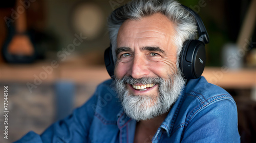 Obraz na płótnie Mature handsome man is listening music in big headphones. w salonie