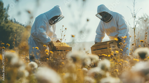 Beekeepers working in a bee farm