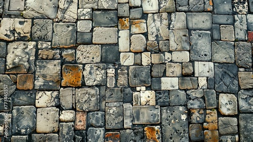 Top view Cobbled street of the old city, lined with square and rectangular stone tiles photo