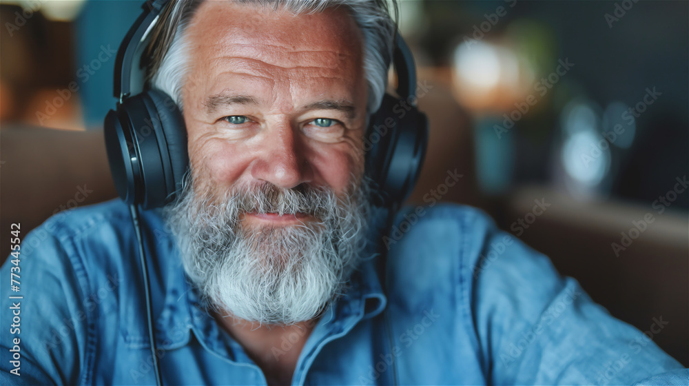 Mature handsome man is listening music in big headphones.