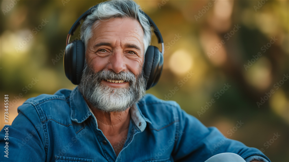 Mature handsome man is listening music in big headphones.