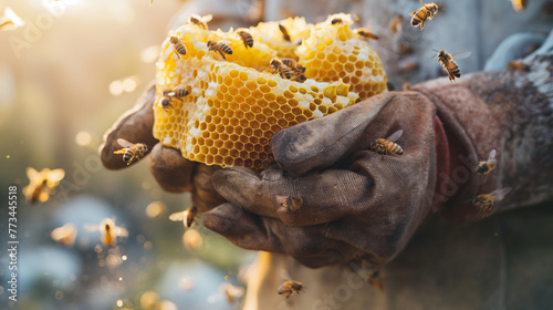Beekeepers working holding honeycomb