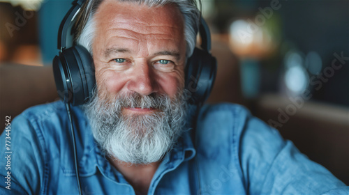 Mature handsome man is listening music in big headphones.