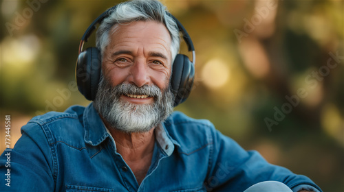 Obraz na płótnie Mature handsome man is listening music in big headphones. w salonie