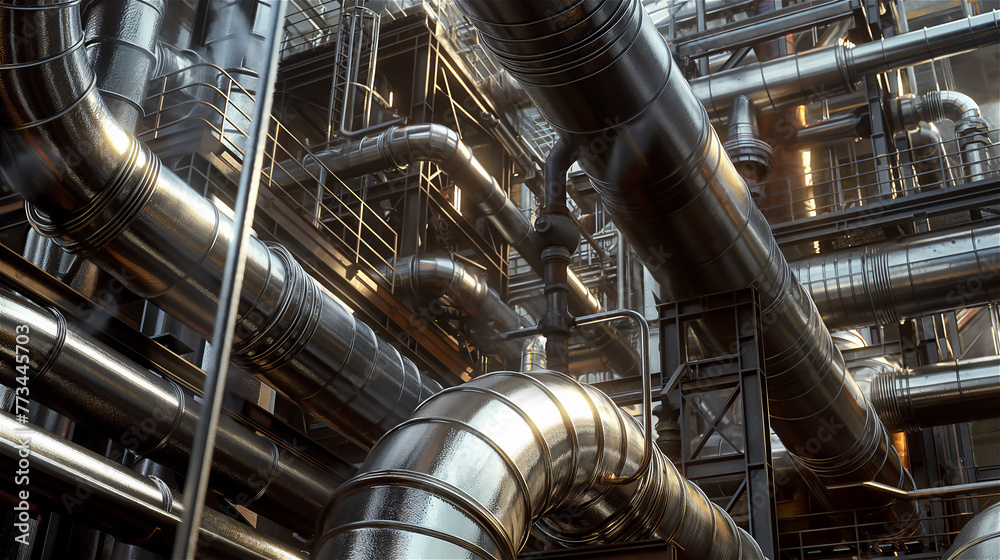 Industrial zone steel pipelines, pipes and valves.