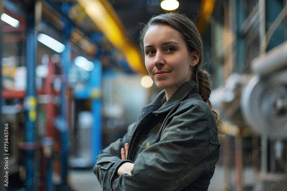 confident female engineer standing in a factory